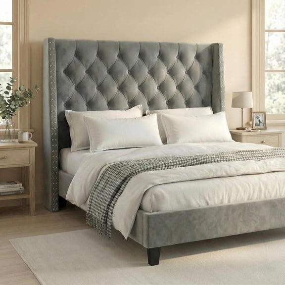 Queen Bed Frame Velvet, 47.2" Tall Wingback Headboard with Tufted Nailhead Trim, Upholstered Platform Bed with Sturdy Wood Slats, Robot Vacuum Friendly, No Box Spring Needed, Grey
