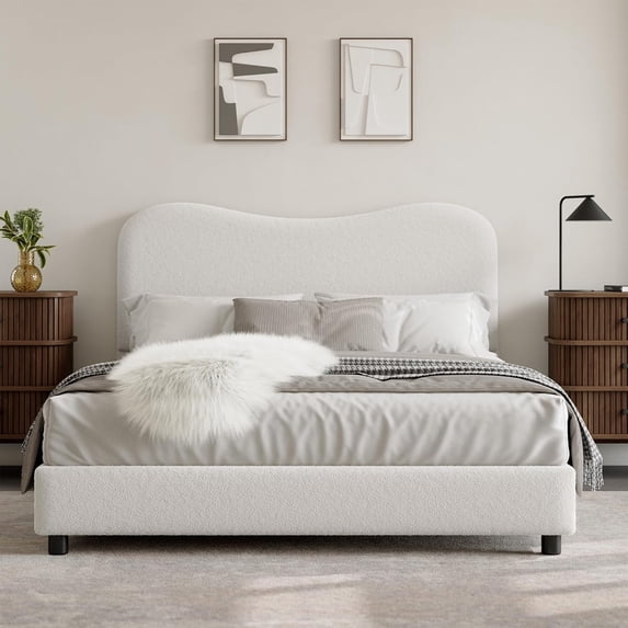 Queen Bed Frame with Velvet Upholstered Headboard, Cute Low Profile Platform Bed and , No Box Spring Needed, Strong Wooden Slats, Noise Free, Easy Assembly, White