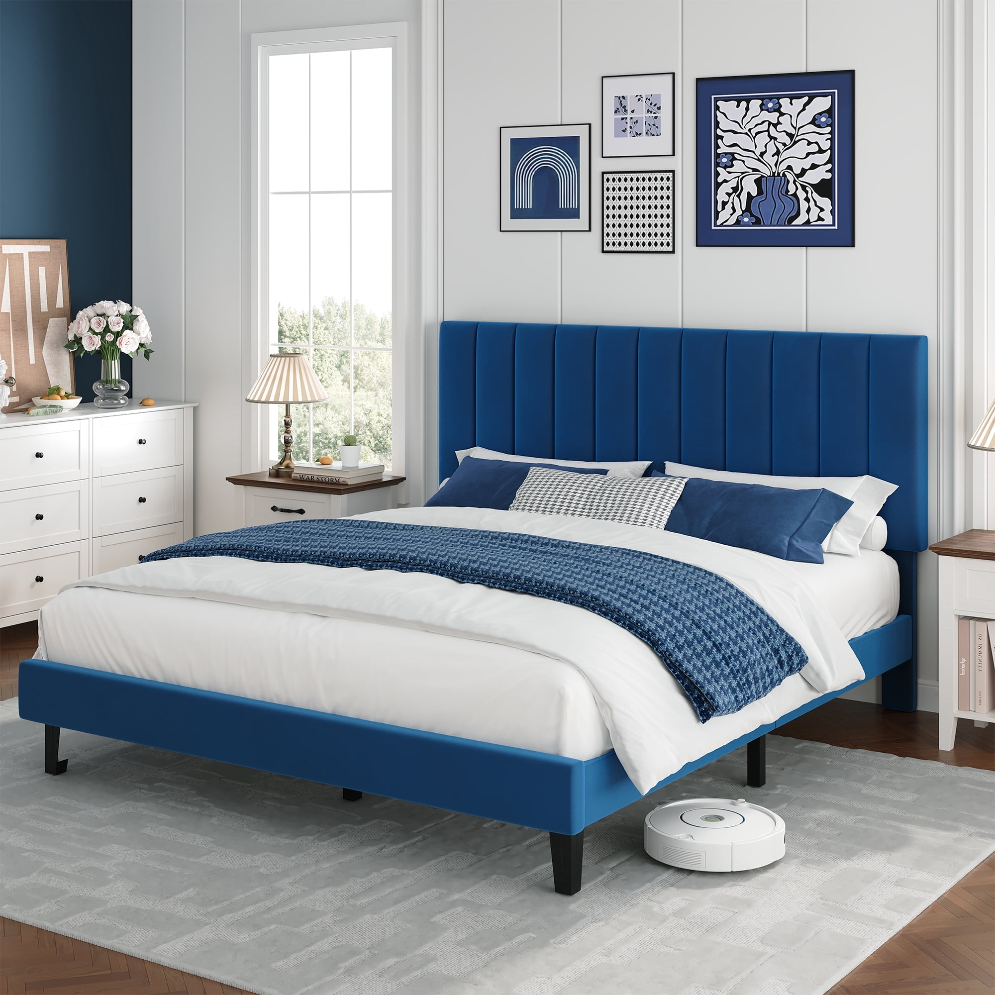 GOGRANT Velvet Upholstered Platform Bed Frame with Adjustable Headboard, Queen