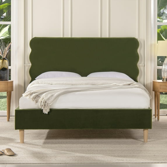 Queen Bed Frame, Velvet Upholstered Platform Bed with Wavy Headboard and Strong Wooden Slats, Mattress Foundation No Box Spring Required, Olive Green