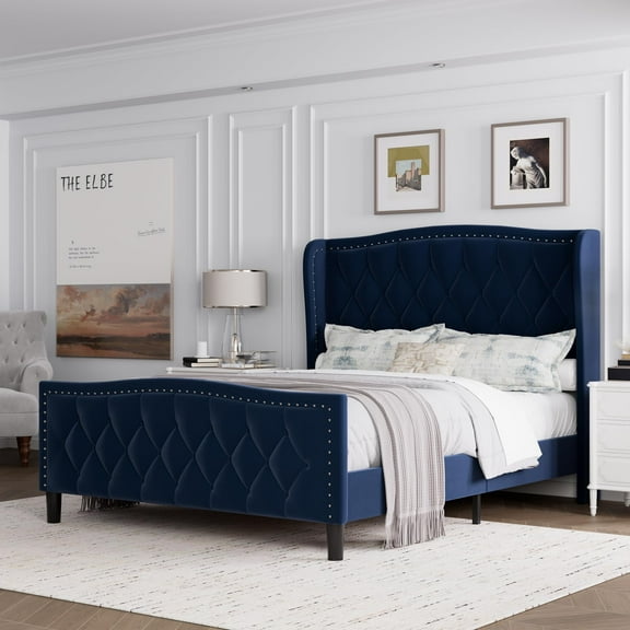 Queen Bed Frame Velvet Upholstered Platform Bed with Wing Side Headboard, Wooden Slat Support, No Box Spring Needed, Easy Assembly, Navy Blue