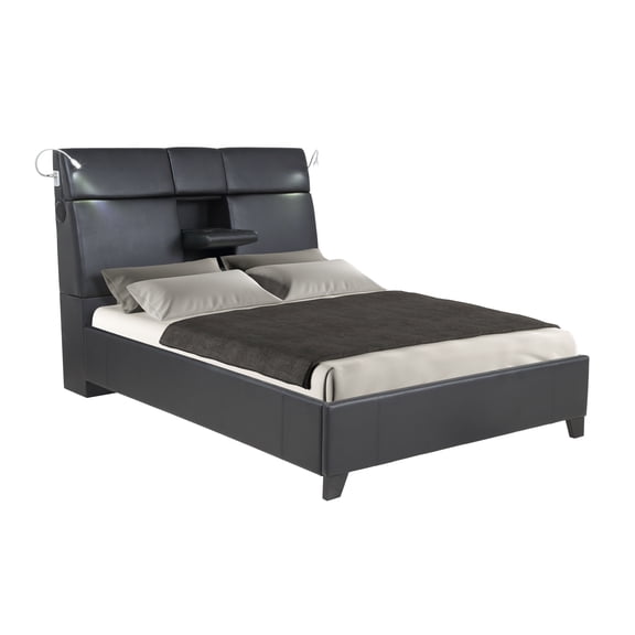 Queen Bed Frame with Vinyl Upholstery, Integrated Bluetooth Sound System, Touch Lighting, and Beverage Tray, Modern Black Design for Bedroom, Multi-Functional Smart Bed Base