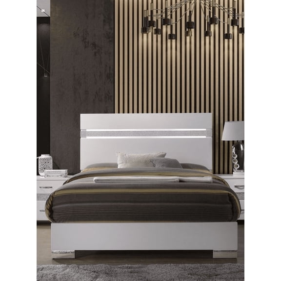 Queen Bed Frame, White High Gloss Finish Synthetic Wood with Sparkling Acrylic Panel Headboard, Chrome Block Legs, Box Spring Compatible Modern Bedroom Furniture, Naima II Collection