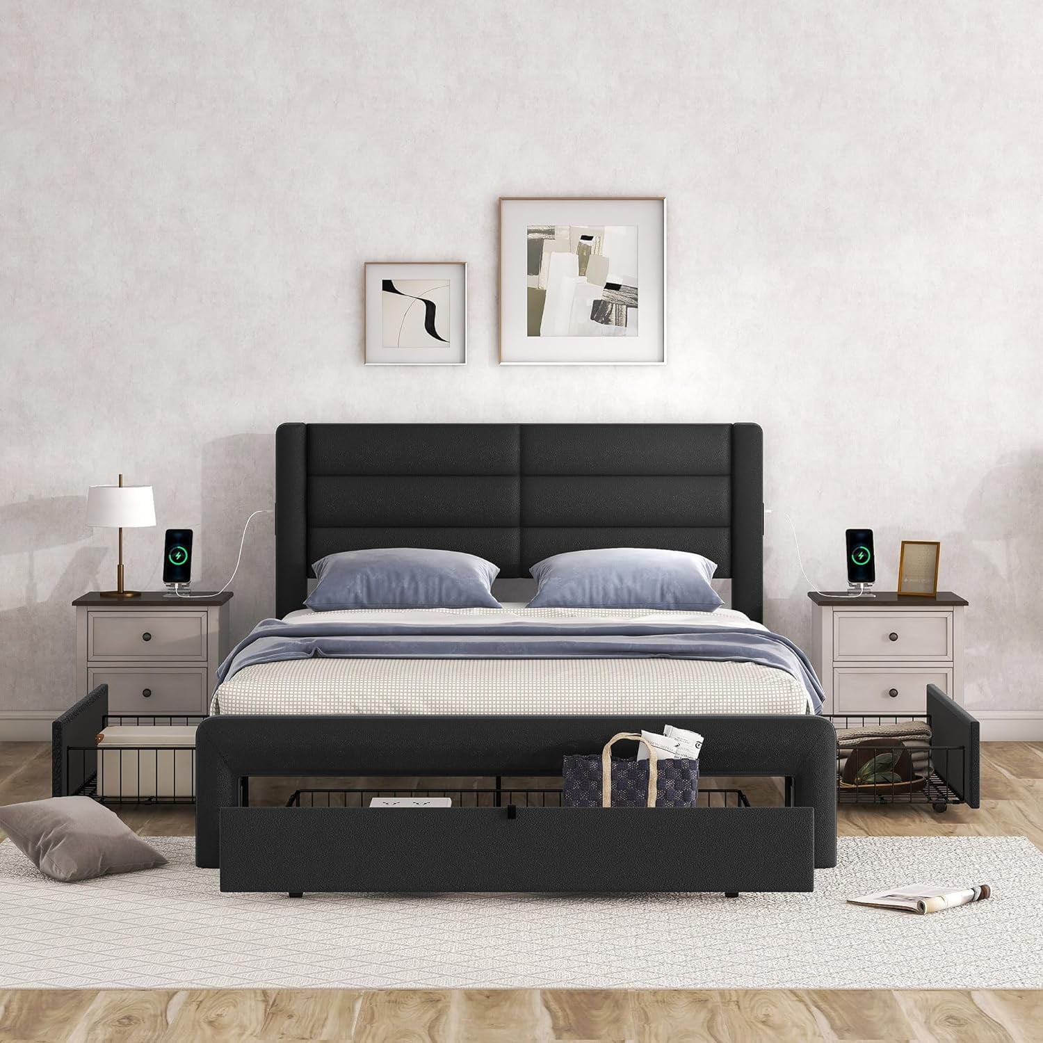 Queen Bed Frame With 3 Storage Drawers And USB Ports, PU Leather Upholstered Queen Platform Bed ...