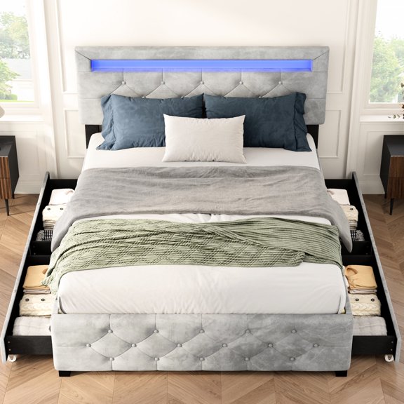 Queen Bed Frame With 4 Drawers & Led Lighting - No Box Spring, Upholstered In Grey Velvet, Metal For Bedroom Velvet Spring Required,