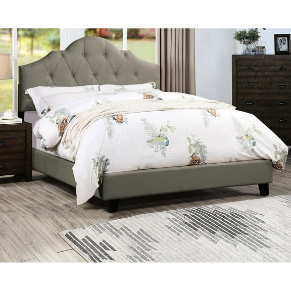 Queen Bed Frame With Grey Upholstered Headboard, Wooden Arch Design, Adjustable Hb Design Bedframe,