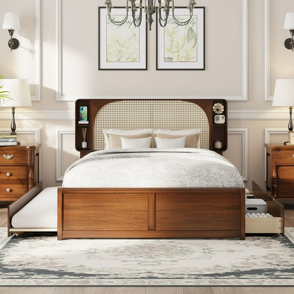 Queen Bed Frame With Rattan Headboard And Pull Out Trundle, Bed Frame With 2 Storage Drawers And Strong Wood Slats Support, No Box Spring Needed