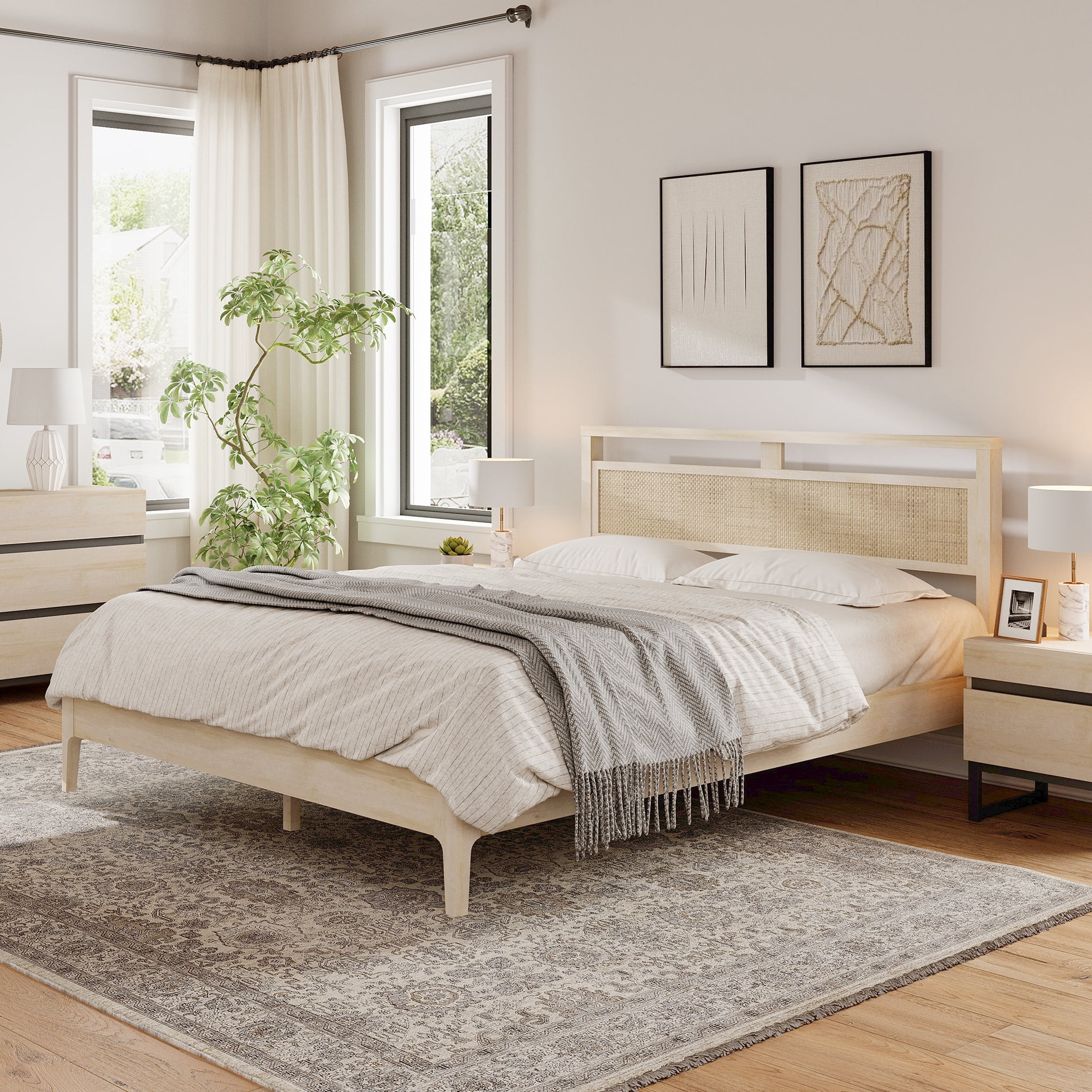 Queen Bed Frame With Rattan Headboard, Solid Wood Legs,Beige