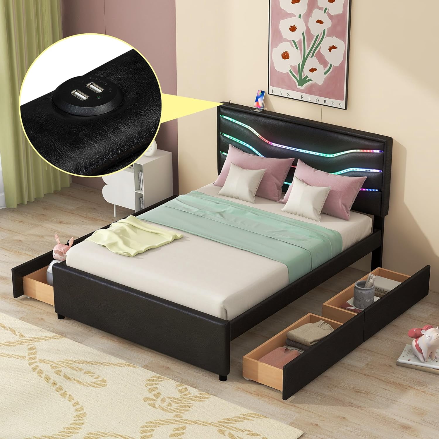 Queen Bed Frame With Storage Drawers, LED Upholstered Platform Bed With ...