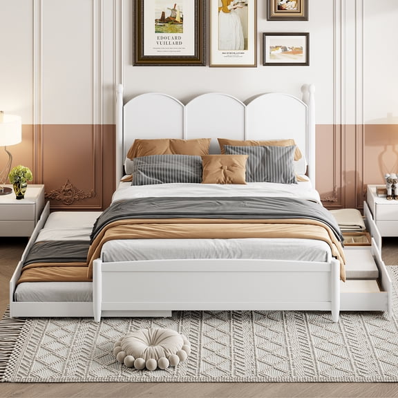 Queen Bed Frame With Twin XL Size Pull Out Trundle And Headboard, Wood Platform Bed With 2 Storage Drawers For Bedroom, No Box Spring Required, Easy Assembly