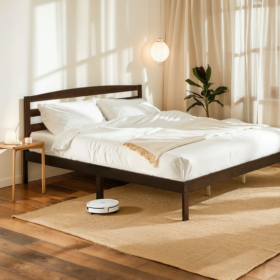 Queen Wood Bed Frame with Headboard, Solid Wood Platform, Quiet Design, No Box Spring, Dark Walnut