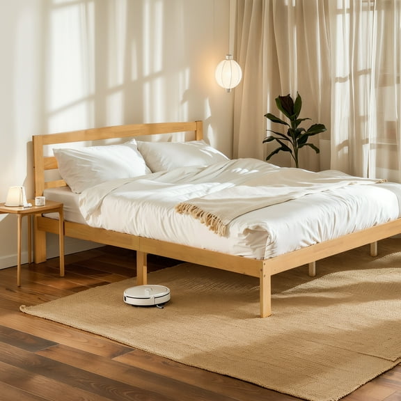 Queen Wood Bed Frame with Headboard, Solid Wood Platform, Quiet & Stable, No Box Spring, Natural