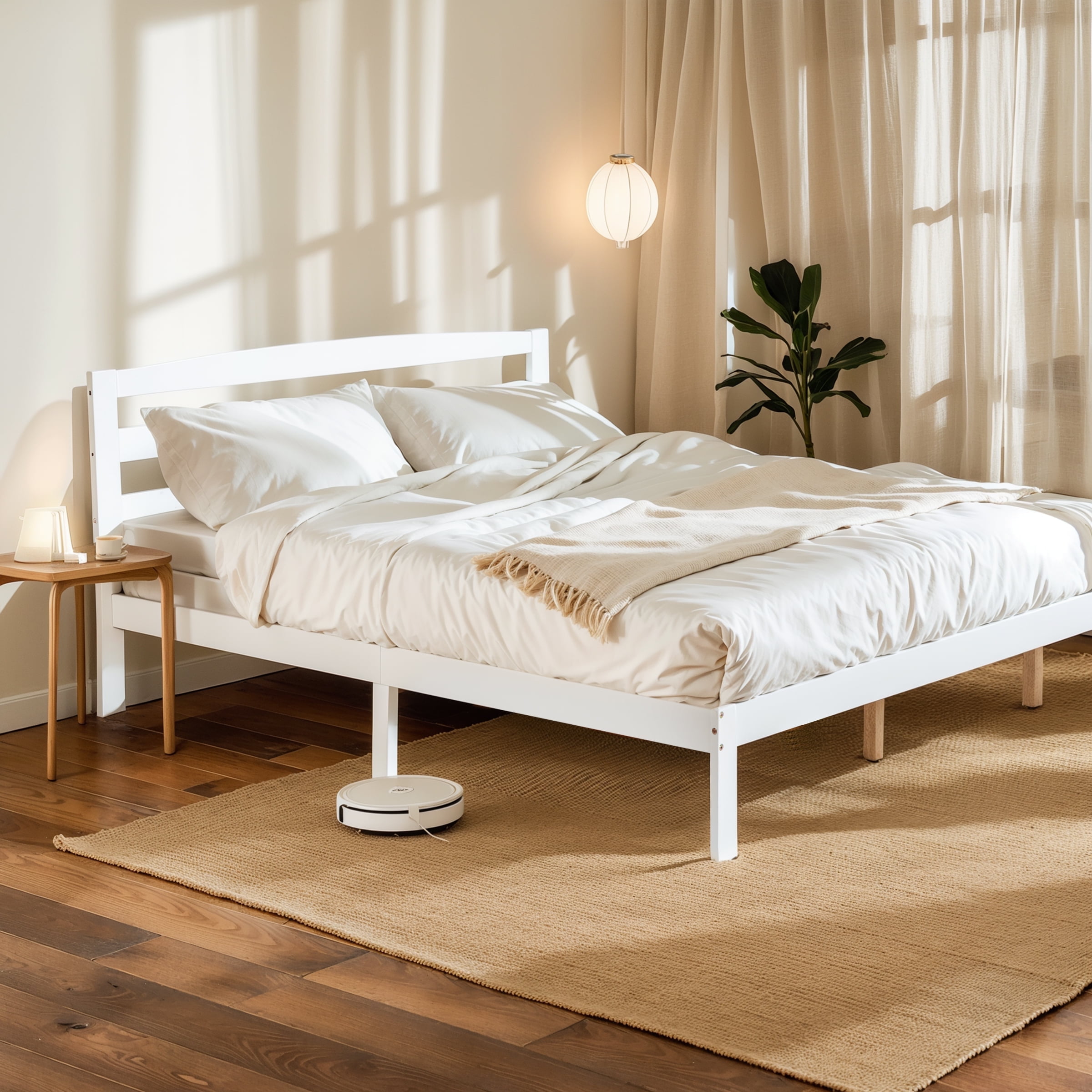Queen Bed Frame, Wood Bed Platform with Headboard, No Box Spring, White