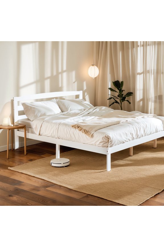 Queen Bed Frame, Wood Bed Platform with Headboard, No Box Spring, White