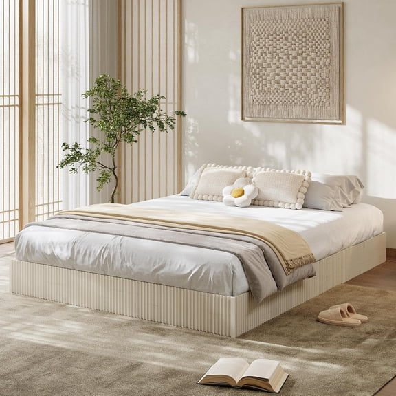 Queen Bed Frame, Wood Platform Bed with Fluted Design, Low Profile BedFrame, Minimalist Bed Base with Noise-Free, Easy Assembly, No Box Spring Needed, Cream