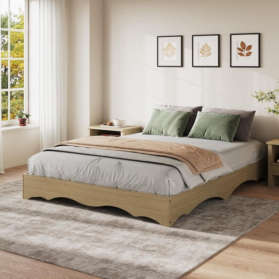 Queen Bed Frame, Wood Platform Bed with Wave Design, Low Bed Frame Without Headboard, Minimalist Bed Base with Noise-Free, Easy Assembly, No Box Spring Needed