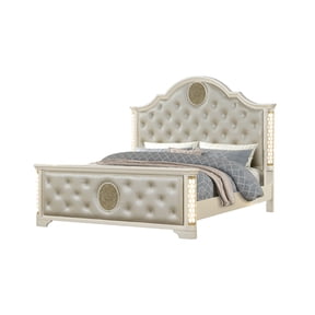 Queen Bed Frame, Wood and Polyester Upholstered Bed with Crystal Button Tufting and LED Lights, Geometric Pattern Headboard and Footboard, Beige, 90"L x 67"W x 70"H for Bedroom