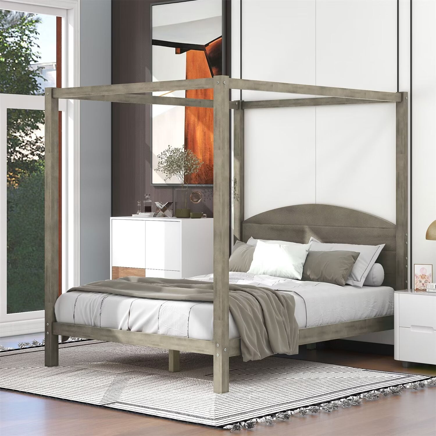 Queen Bed Frame, Wooden Canopy Bed Queen Size with Curved Shaped ...
