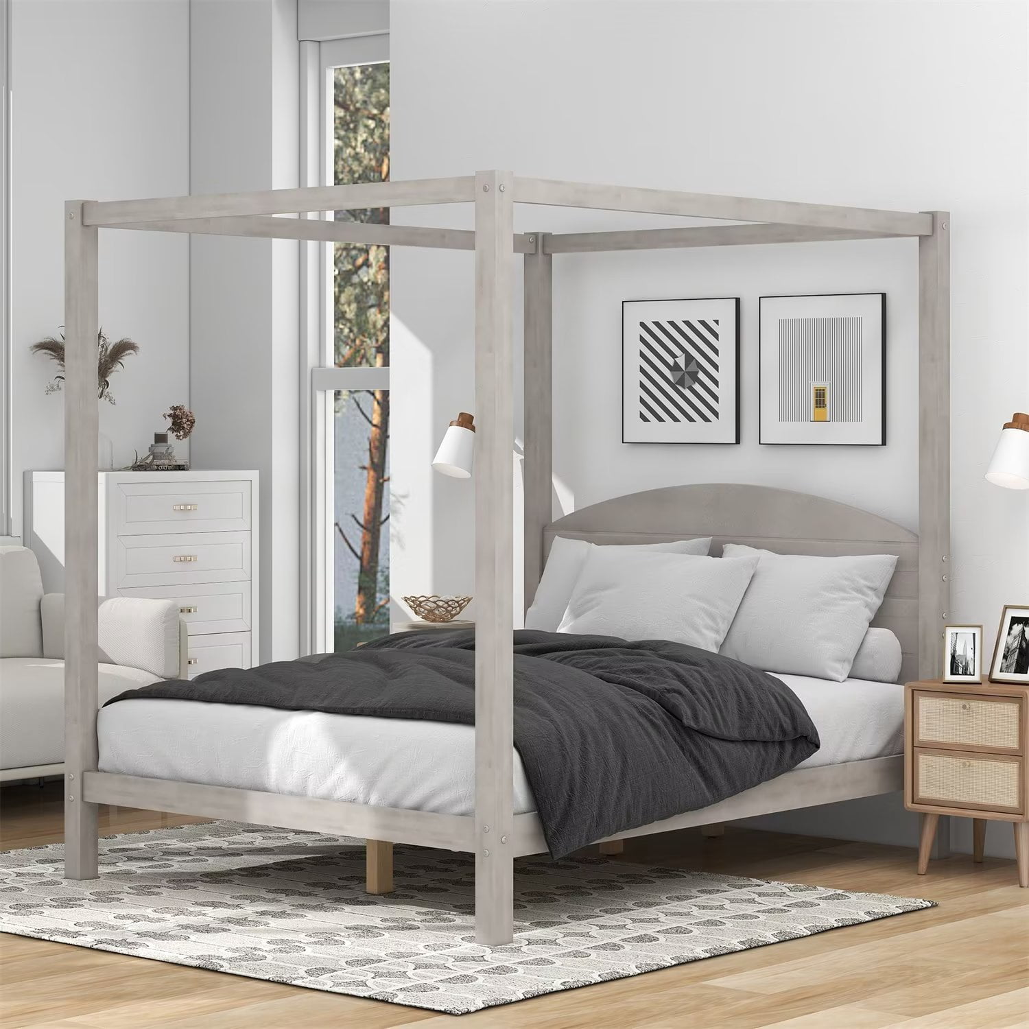 Queen Bed Frame, Wooden Canopy Bed Queen Size with Curved Shaped ...