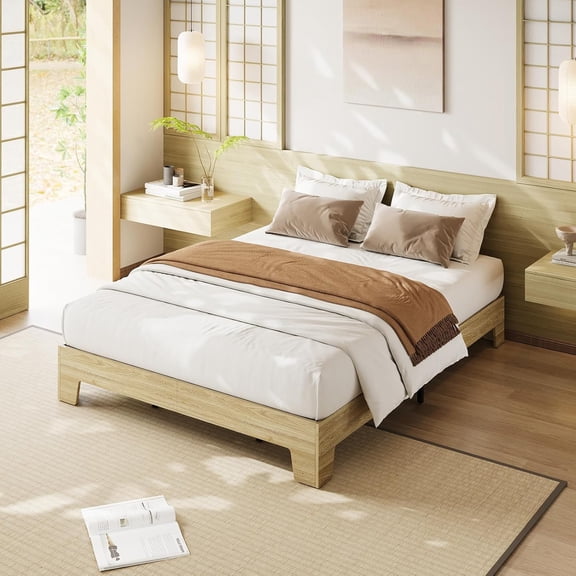 Queen Bed Frame, Wooden Platform Bed Frame, Minimalist Bed with Wood Slats Support, Underbed Space for Storage, No Box Spring Required, Noise-Free, Easy Assembly