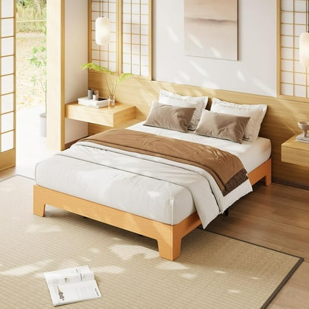 Queen Bed Frame, Wooden Platform Bed Frame, Minimalist Bed with Wood Slats Support,Underbed Space for Storage, No Box Spring Required, Noise-Free, Easy Assembly
