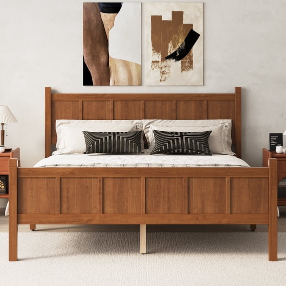 Queen Bed Frame,Wooden Queen Size Bed Frame with Headboard and Footboard, Minimalist Modern Platform Bedframe with Wood Grain Finish for Teens Adult,Light Walnut