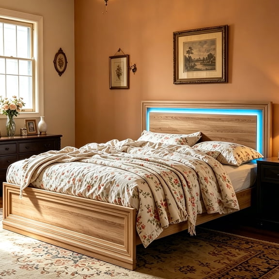 Queen Bed Frame, Wooden Queen Size Bed Frame with Headboard, Modern Platform Bedframe with RGB LED Light, Wood Slats Support, Natural Oak