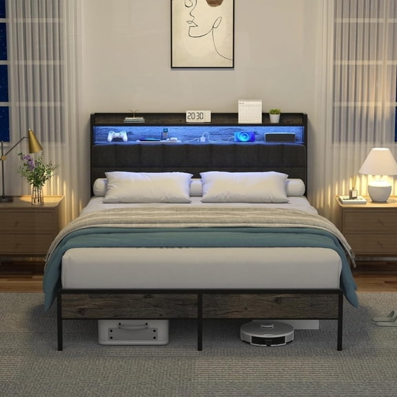 Queen Bed Frame offering Ergonomic Headboard, RGB LED & Multi-Function Storage Charger