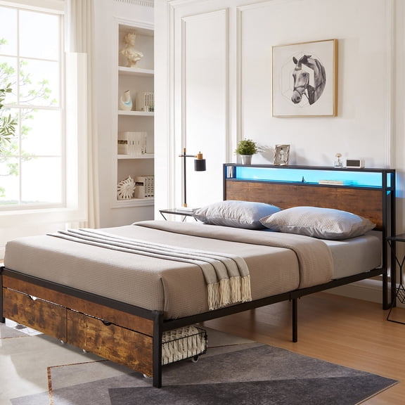 Queen Bed Frame with 2 Drawers, LED Lighting & Remote | Modern Bedroom Style, Ample Storage
