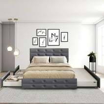 Queen Bed Frame with 2 Storage Drawers and Twin Trundle, Modern Style