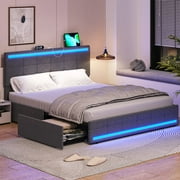 Queen Bed Frame with 4 Drawers and 2 USB Charging Station, Platform Bed Frame with LED Lights Headboard Footboard, Upholstered Storage Bed,Dark Grey