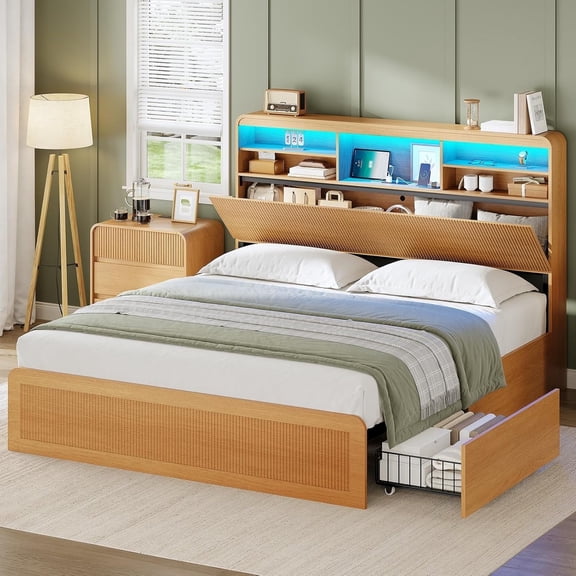 Queen Bed Frame with 4 Storage Drawers & Hidden Headboard Storage - Fluted Curved Design, Built-in Charging Station, No Box Spring Needed, Wood