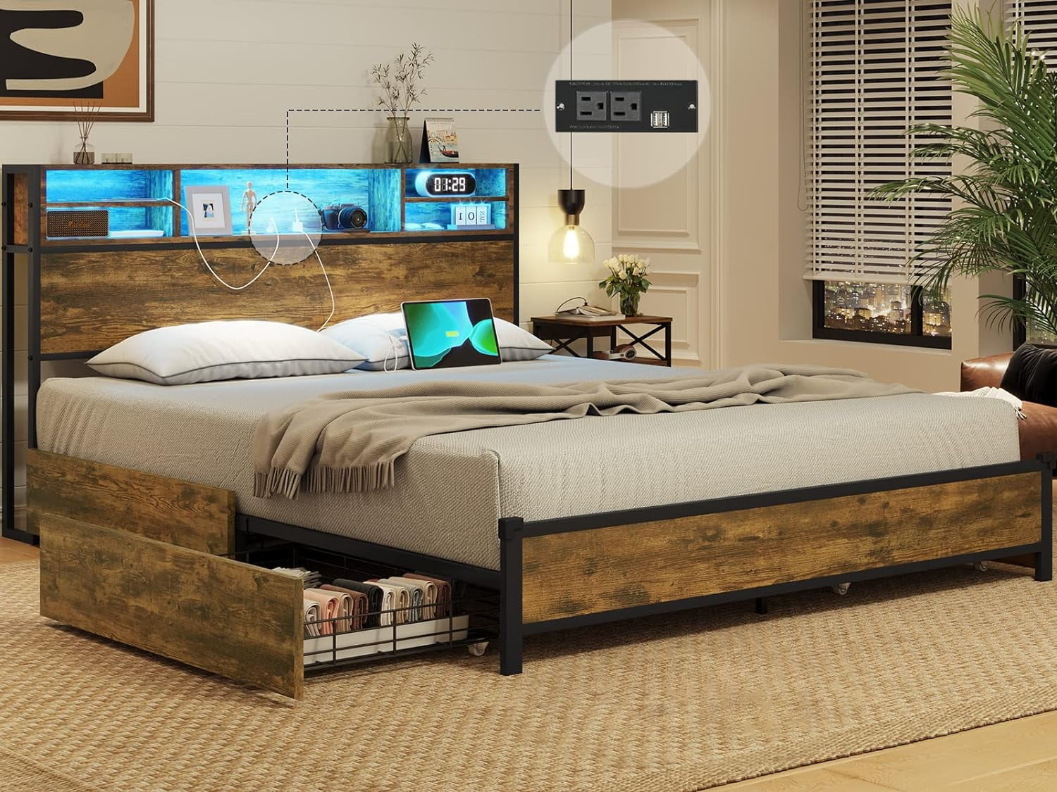 Queen Bed Frame with 4 Storage Drawers, Industrial Platform Bed Frame ...