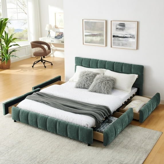 Queen Bed Frame with 4 Storage Drawers, Upholstered Platform Bed Frame with Wood Slats Support, No Box Spring Needed, Blue+Green