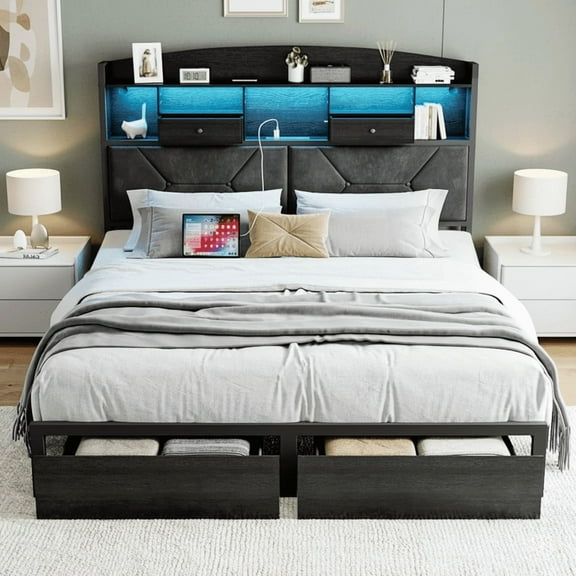 Queen Bed Frame with 4 Storage Drawers, Upholstered Velvet LED Button-Tufted Headboard, and Wooden Slats - No Box Spring Needed, Black