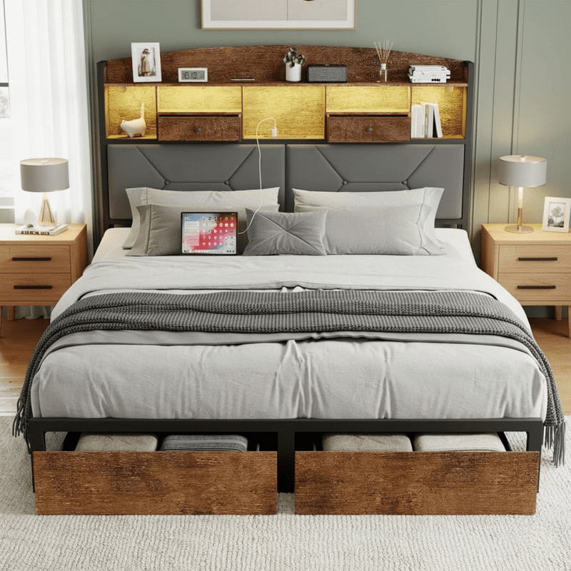 Queen Bed Frame with 4 Storage Drawers, Upholstered Velvet LED Button-Tufted Headboard, and Wooden Slats - No Box Spring Needed, Brown