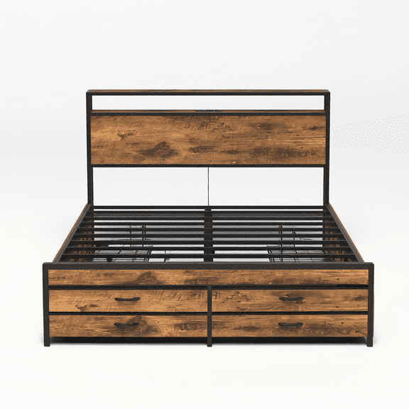 Queen Bed Frame with 8 Storage Drawers, LED Headboard & Charging Station, Metal Platform Bed, No Box Spring Needed, Noise-Free, Brown