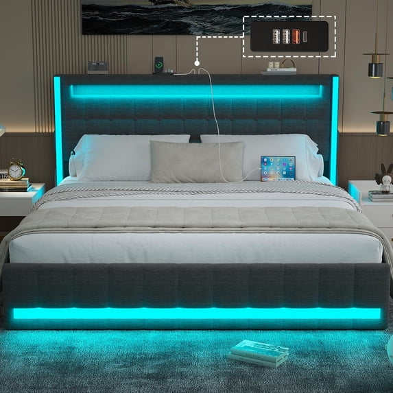 Queen Bed Frame with Adjustable Headboard, LED Lights, Upholstered Platform