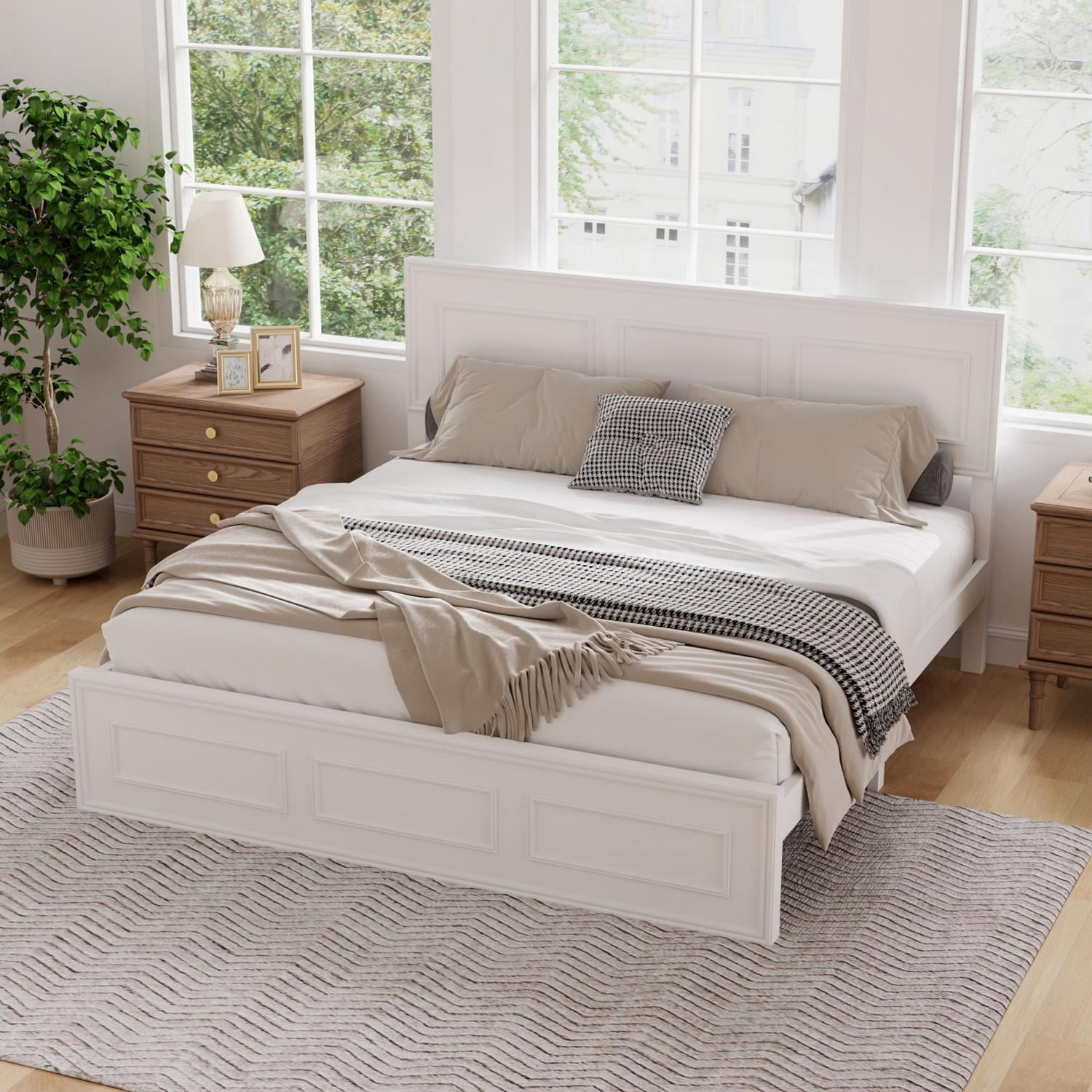 Queen Bed Frame with Adjustable Height Headboard and Geometric Panel Design, Wood Platform Bed and Mattress Foundation with Strengthened Frame, White