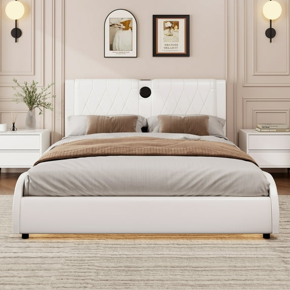 Queen Bed Frame with Built-In Bluetooth Speakers & RGB LED Lighting, Luxury PU Leather Headboard, Box Spring Free, Quick Assembly, White