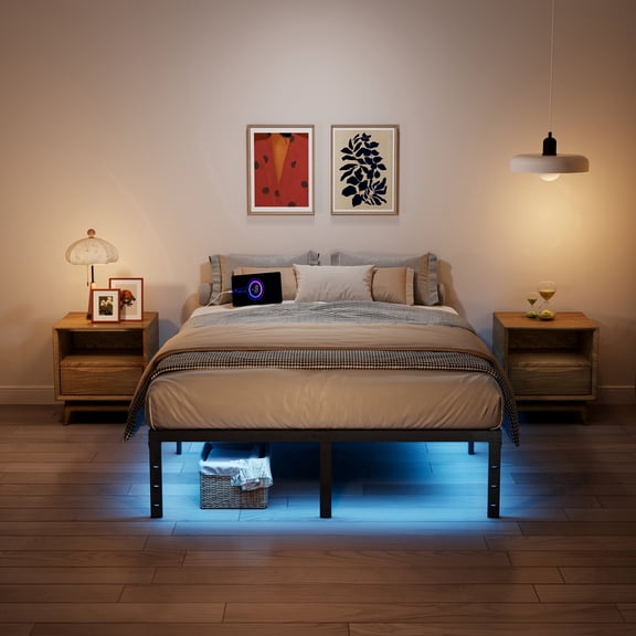 WANTAI Queen Bed Frame with Charging Station & LED Lights - 14 Inch Heavy Duty Metal Platform Bed Frame No Box Spring Needed, Easy Assembly, No Noise