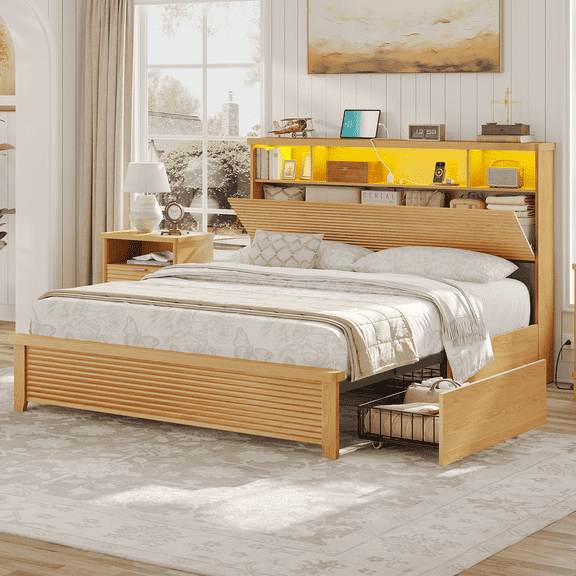 Wood Bed Frame Queen Size with 4 Storage Drawers & Bookcase Headboard, Led Wooden Queen Bed Frame with Charging Station,No Box Spring Needed,Wood