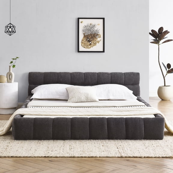 Queen Bed Frame with Chenille Upholstered Headboard,Grounded Floor Queen Bed Frame with Wood Slat Support,Noise Free,68''x86.5''x23.5'',Gray