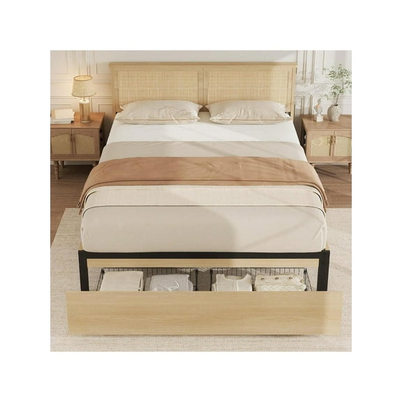 Queen Bed Frame with Drawers, Natural Rattan Headboard, Solid Wood Platform, Storage, No Box Spring, Oak