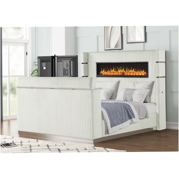 Queen Bed Frame with Fireplace Headboard and LED TV Footboard, Upholstered Velvet Platform Bed with Media Console, Beige Modern Storage Bed