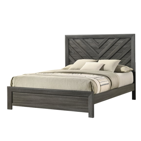 Queen Bed Frame with Geometric Headboard, Wood Platform Bed with Rustic Gray Finish, Modern Farmhouse Style, No Box Spring Needed