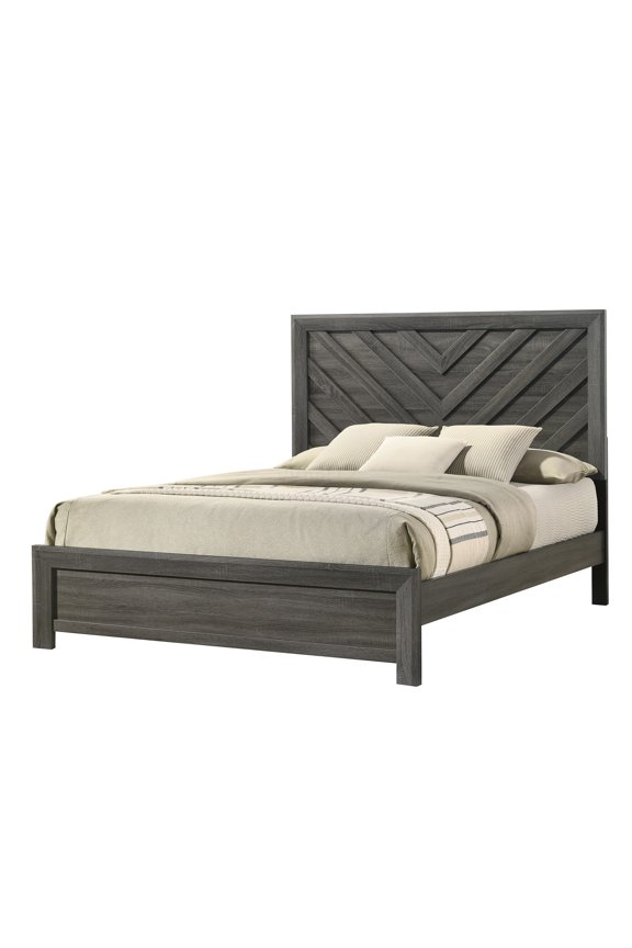 Queen Bed Frame with Geometric Headboard, Wood Platform Bed with Rustic Gray Finish, Modern Farmhouse Style, No Box Spring Needed