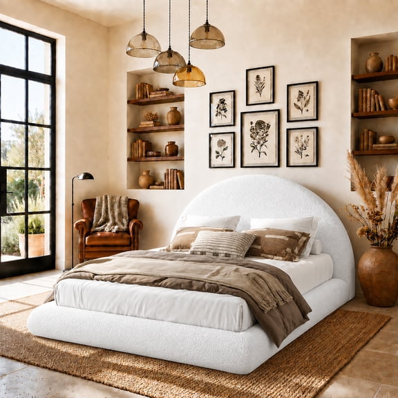 Queen Bed Frame with Headboard, Lukstr Bed Frame Queen Size, Cloud Upholstered Bed Frame with Arched Boucle Headboard, White