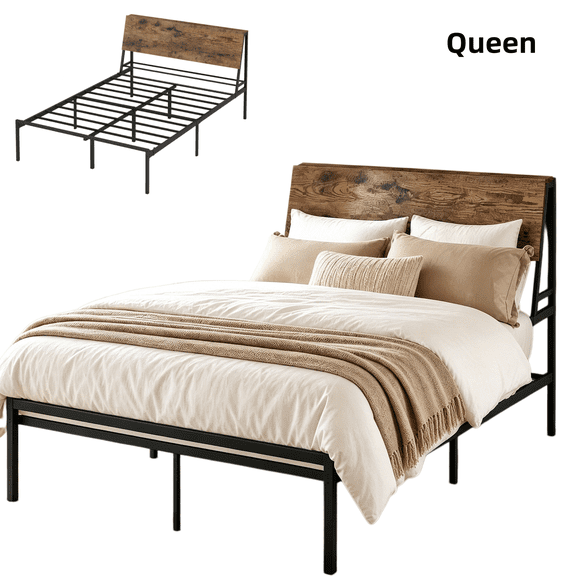 Queen Bed Frame with Headboard, Metal Platform Bed Frame, Noise Free, No Box Spring Needed, Easy Assembly