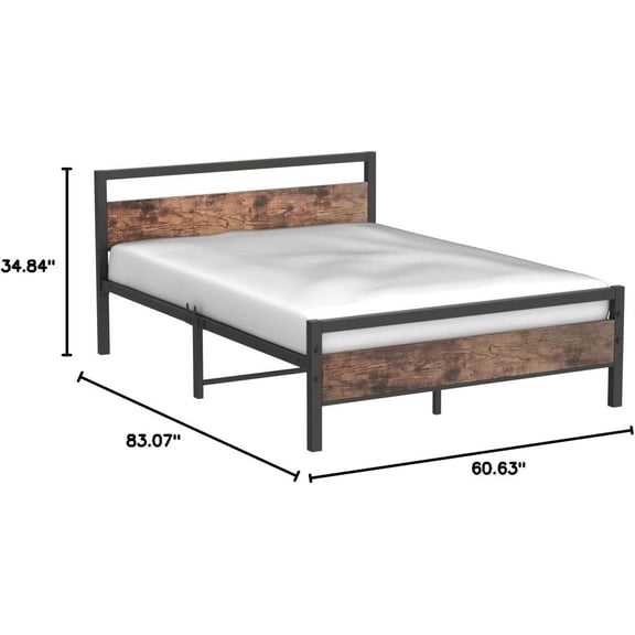 Queen Bed Frame with Headboard, Metal Platform Bed Frame with Storage, Heavy Duty Steel Slats, No Box Spring Needed, Black & Rustic Brown